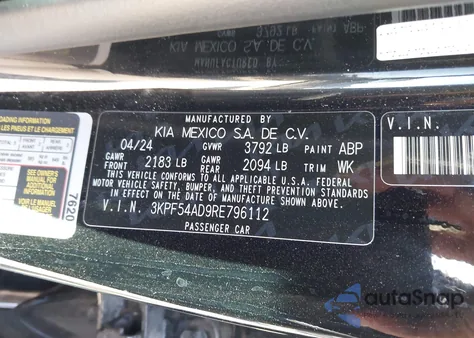 2024 Kia Forte Gt-Line из США, поврежденный, VIN 3KPF54AD9RE796112